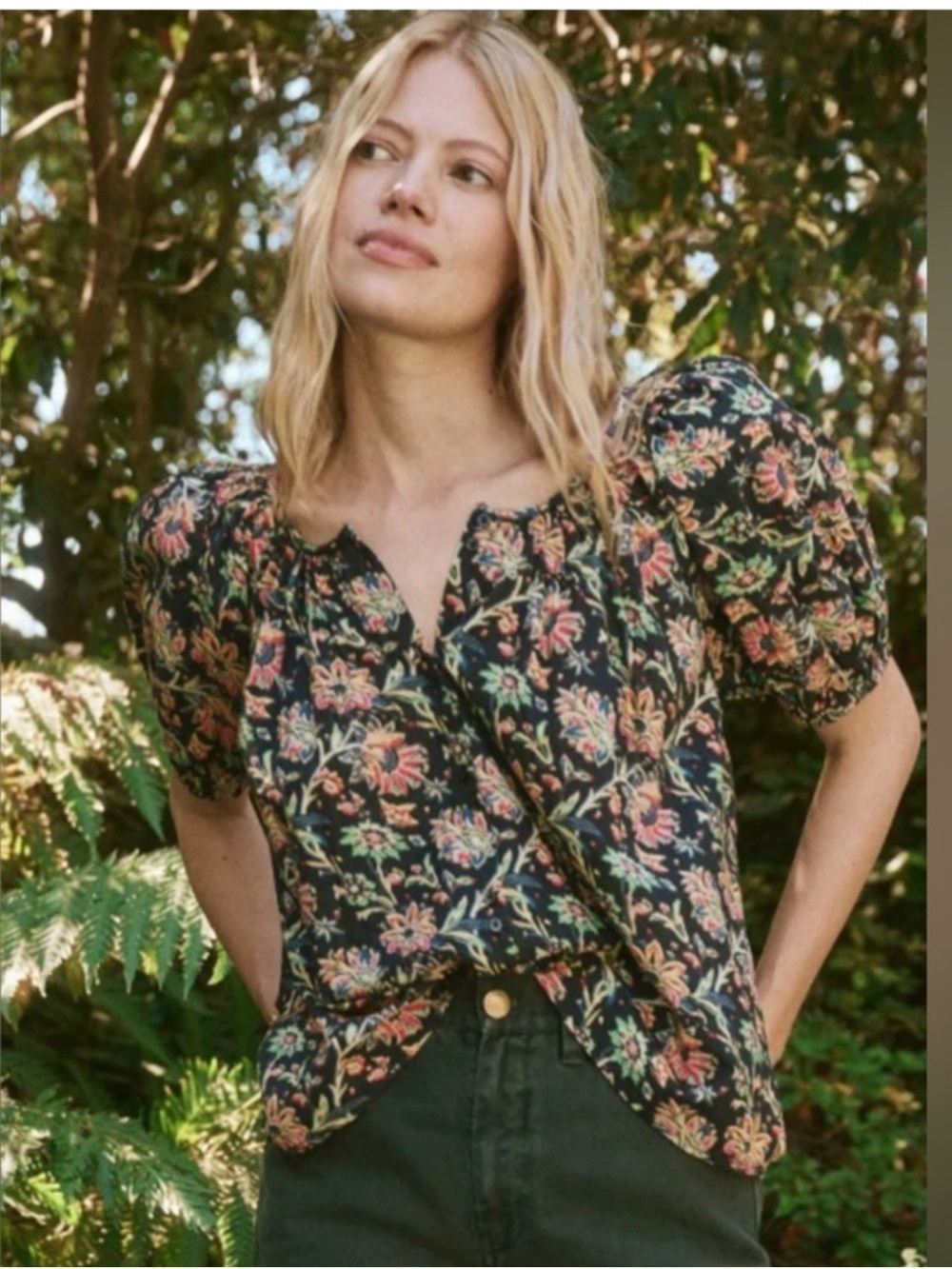THE GREAT - Porch Top in Black with Vibrant Floral Puff-Sleeve